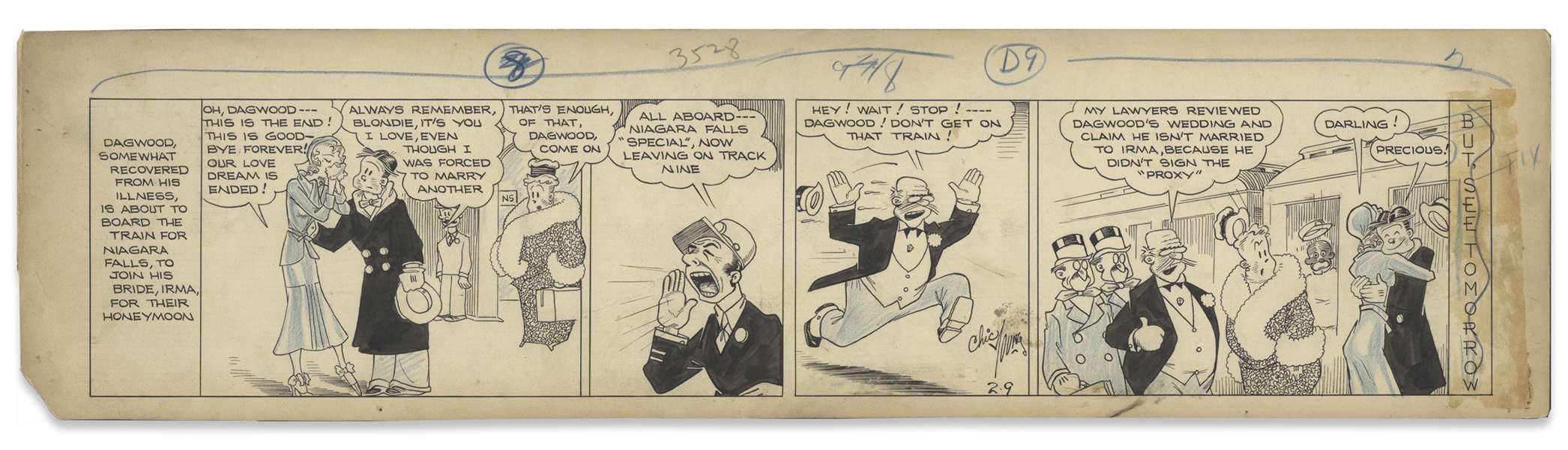 Chic Young Hand-Drawn ''Blondie'' Comic Strip From 1932 Titled ''A Free Soul'' -- Dagwood Discovers His Marriage to Irma Isn't Valid